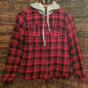 Buffalo Plaid Button-Up Hooded Flannel Long Sleeve